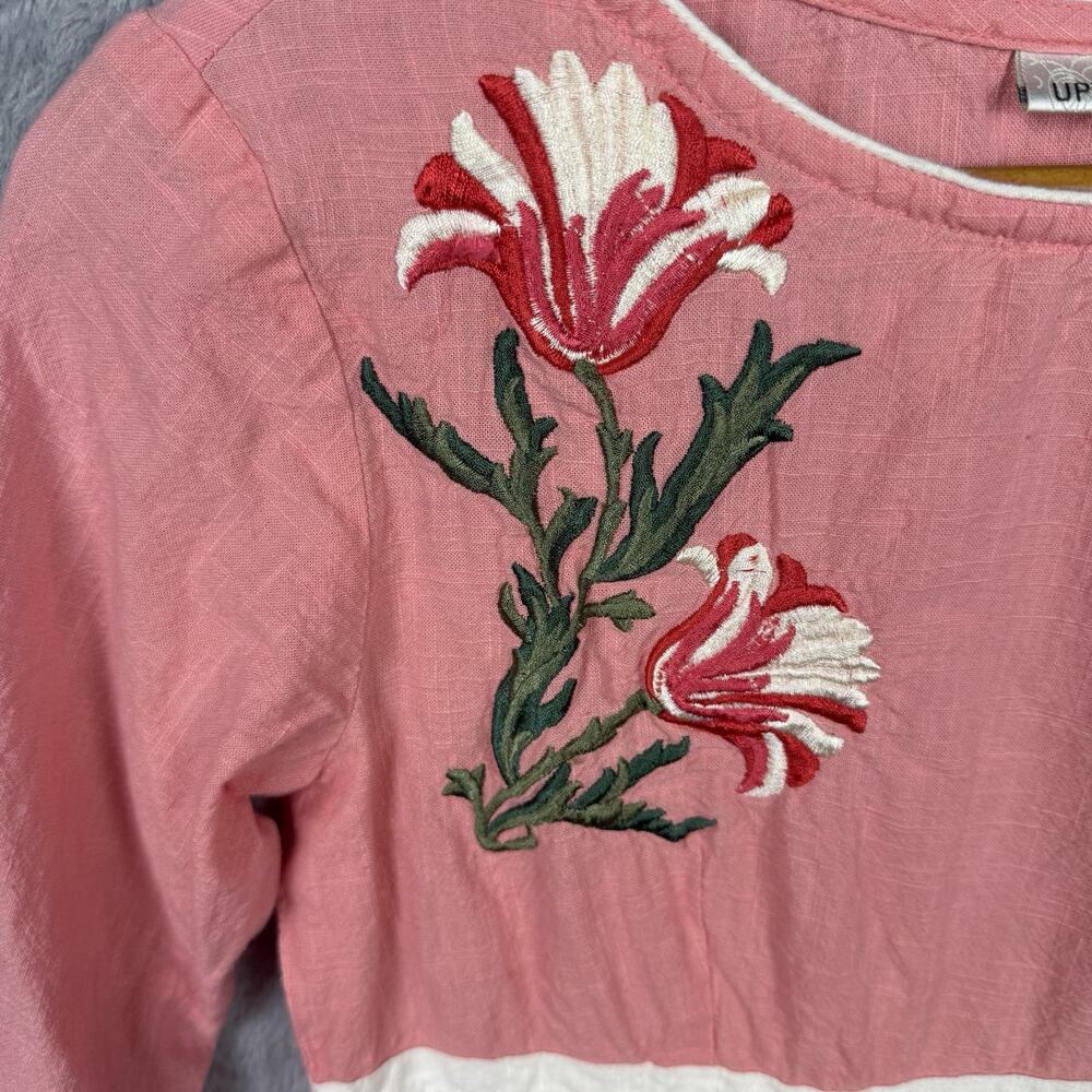Vtg Linen‎ Women’s Dress Pink Floral Embroidered Cottagecore S Feminine Retro - Picture 3 of 9
